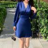 Blue Satin Bias-Cut V-Neck Dress with Lotus Leaf Trim