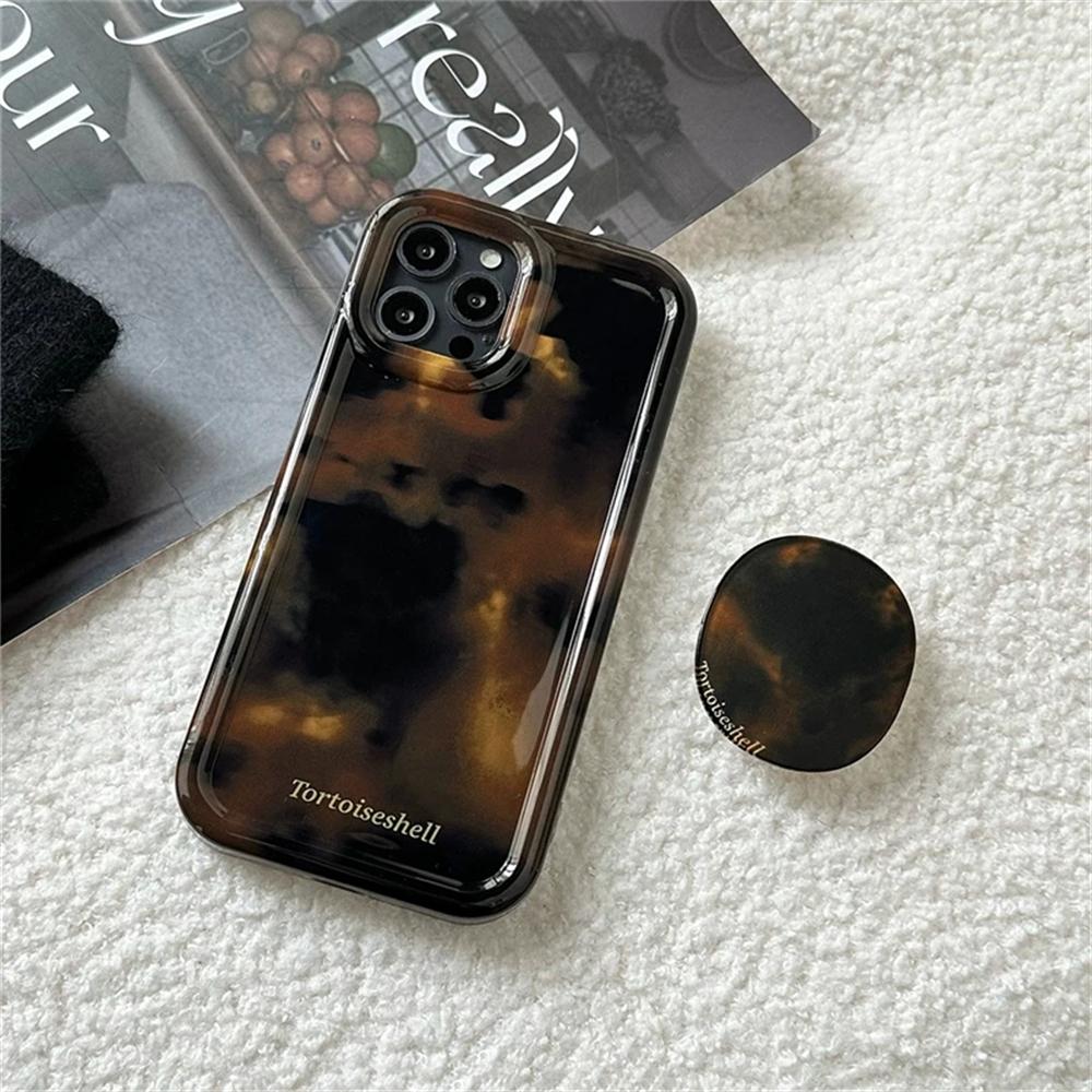 Роскошный чехол-держатель из янтарной черепаховой расцветки для iphone 16 Pro 15 14 11 12 13 Pro Max INS Корейская девушка Мягкий чехол Новый Стильный Ракушка