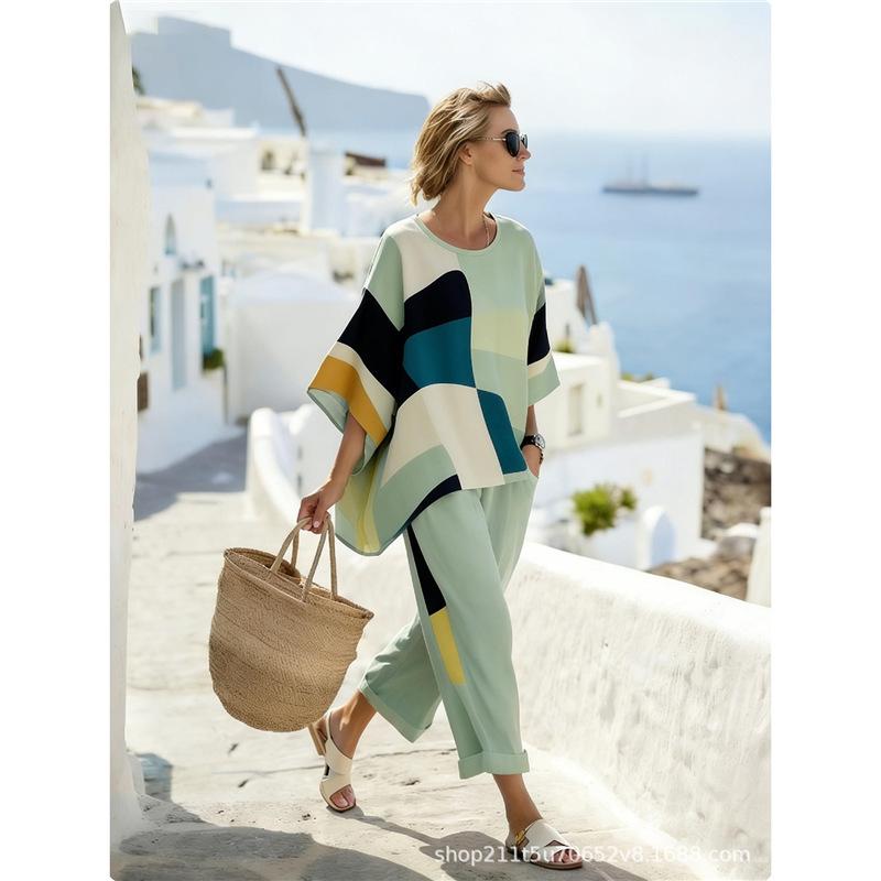 1116 European and American women's bohemian print casual suit women's clothing vacation loose two-piece set in stock