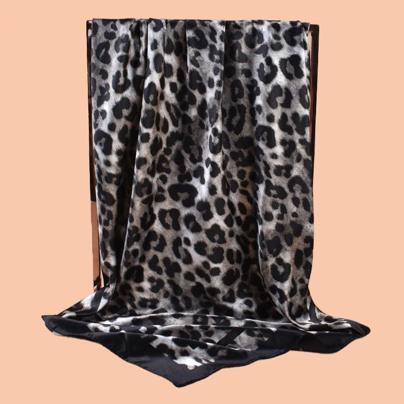 Luxury Leopard Print Female Satin Neck Scarf Square Hair Scarves Foulard Head Band Shawls Wraps Neckerchief Bandana Women 90cm