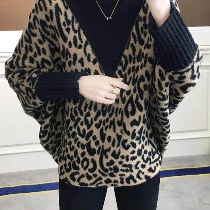 Свитер женский осенне-зимний полосатый свободный утолщенный с высоким воротом рубашка леопардовый теплый пуловер топы