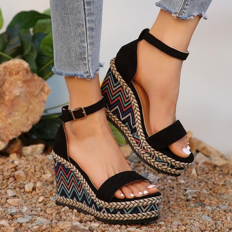 New Women's Sandals Wedge Sandals Black High-Heel Buckle Closure Platform Sandals Women Shoes