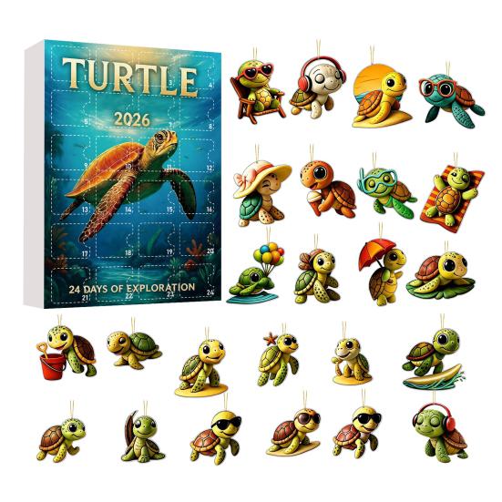 Christmas Advent Calendar Ocean Animal Calendar,24Pcs Acrylic 2D Ornament Set with Turtle Penguin Shell Fish Decor Sea Turtle/Shell/Fish/Penguin/Shark