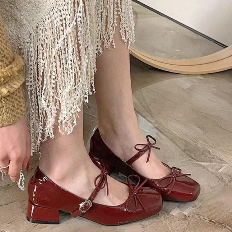 Fashion Spring New Women's Bow-knot Square-toed Thick Heel Single Shoes Summer French Temperament Shallow-mouth Low Heel Mary Jane Shoes