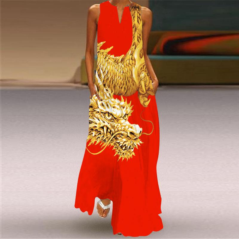 QICED Summer Women's Sleeveless Long V-Neck Printed Jade Flower Dresses