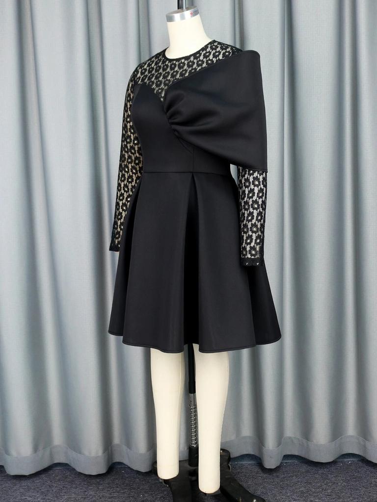 Черное платье трапециевидной формы с круглым вырезом, длинными кружевными рукавами и высокой талией, плиссированные до колена, вечерние бальные платья для коктейлей на день рождения