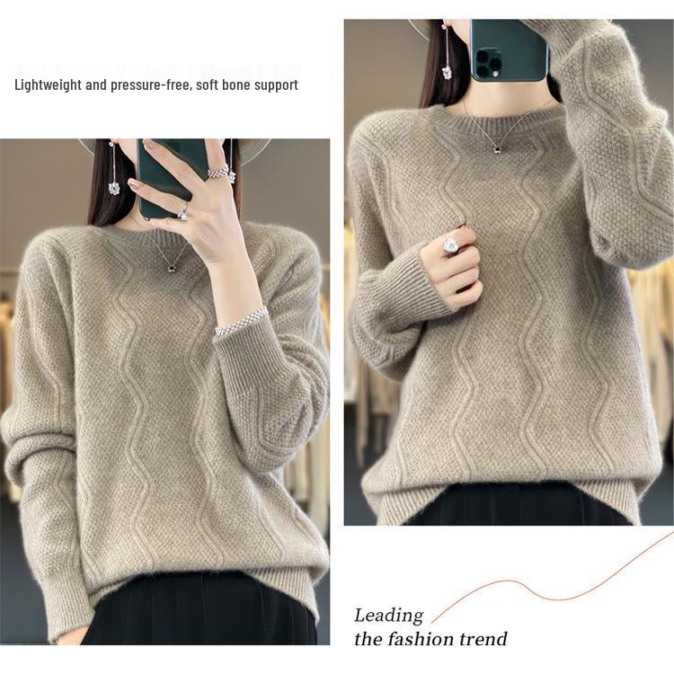 Women's Wave Pattern Wool Sweater - Round Neck, Solid Color, Knitted, Thickened, Loose Fit for Autumn/Winter.