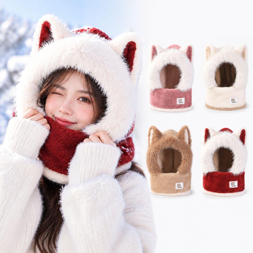 Fox Ear Design Women's Scarf Hat keep warm Integrated Bean Hat Cute Fluffy Hat Scarf Winter