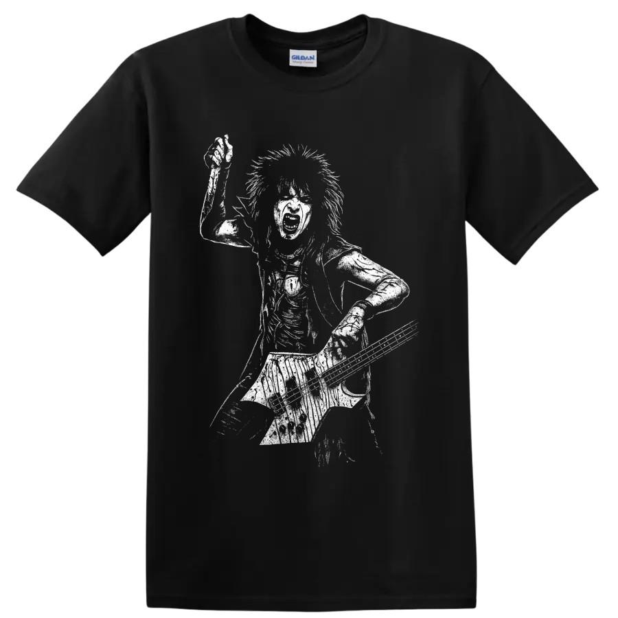 Nikki Sixx Bassist T Shirt w/ Bass Guitar Rock Concert Live White Graphic Tee