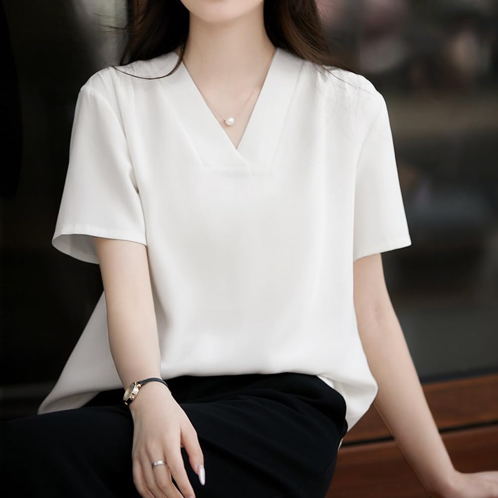 Sueeya Shirt Blouse for Short Summer [Sueeya] Women, Sleeve, V-Neck, Tuck, Body-Concealing, Slimming, Plain, Stylish, Clean, Versatile, Casual,