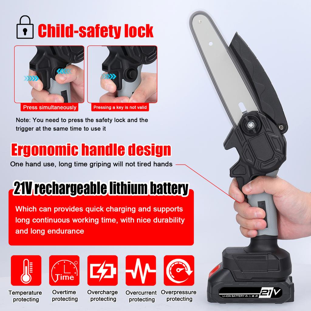 21 В 6-дюймовые портативные электрические обрезные пилы, маленькая бензопила для раскалывания древесины, щеточный двигатель, одна рука