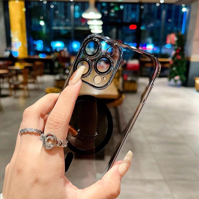 Роскошный прозрачный чехол Magsafe с беспроводной зарядкой для ПК для iPhone 11 12 13 14 15 Pro Max Plus, магнитный прозрачный чехол-бампер