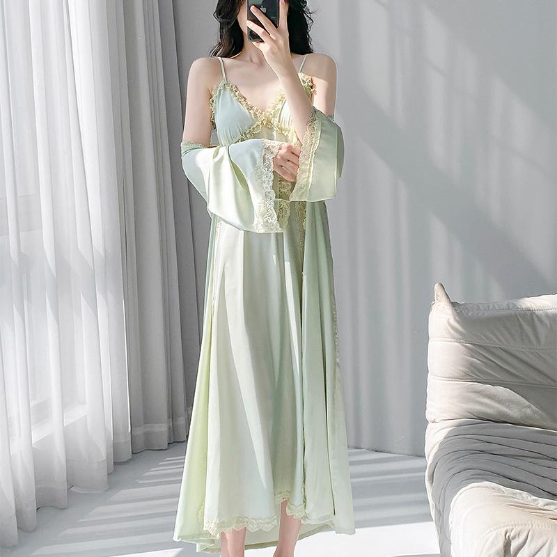 Ice silk long cross suspender nightdress summer simulation silk lace sexy loungewear women's thin outer cover suit