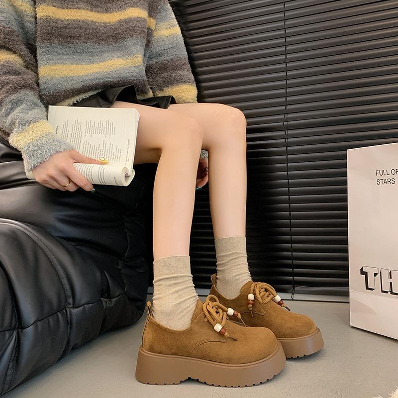 Retro Beaded Women's Autumn New Lace-up Loafers, Thick-soled Heightening Boken Kangaroo Shoes