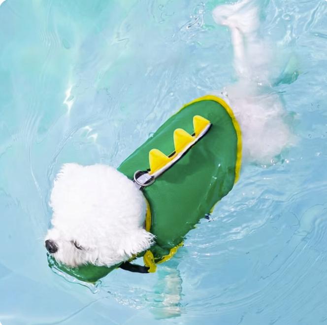 Pet Dog Life Jacket Summer Swimwear Cartoon Dinosaur Buoyancy Vest for Small Medium Dogs with Leash Ring