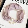 Elegant Satin Neck Scarf for Women with 2 in 1 Pearl Chain Necklace Buckle Lightweight Soft Shawl Gift for Party Office Wear
