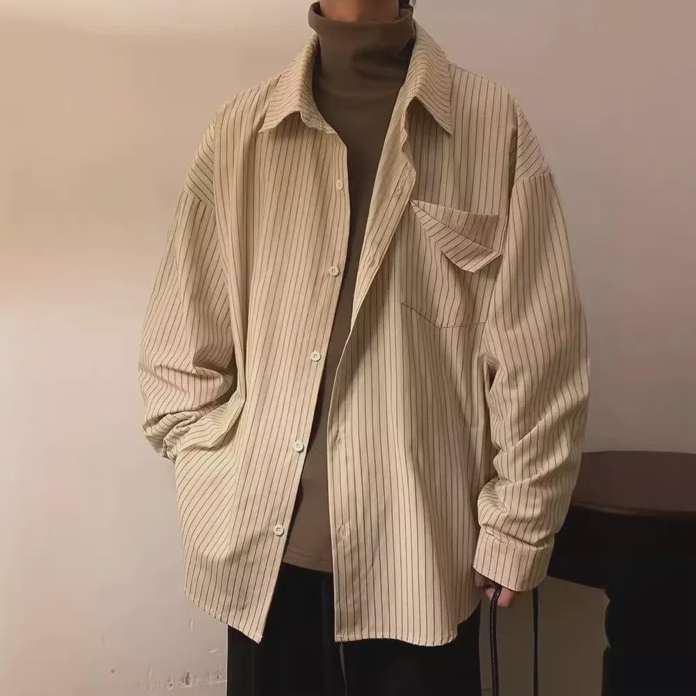 Men's Khaki Striped Shirt – Autumn Cityboy Japanese Retro Style