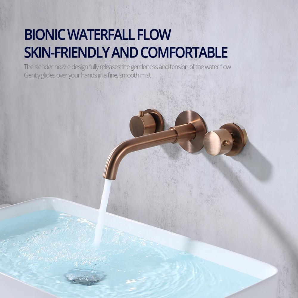 Brushed Rose Gold Basin Faucet 100% Solid Brass Sink Faucet  Wall Mounted Brushed Gold  Basin Mixer Hot And Cold Bathroom Tap