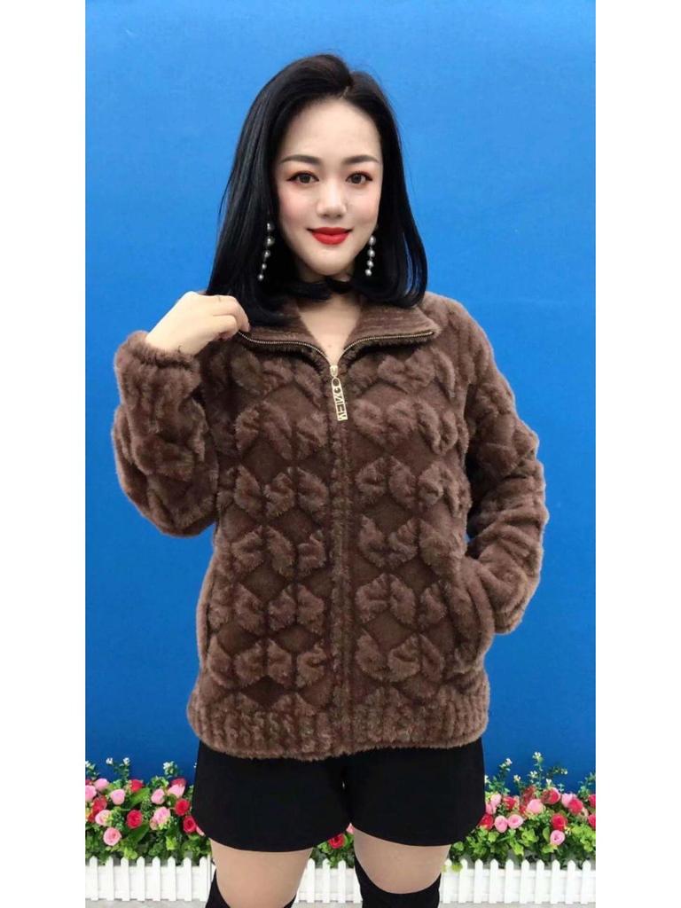Plus Size Stylish Long-Sleeve Faux Mink Velvet Coat for Middle-Aged and Elderly Women