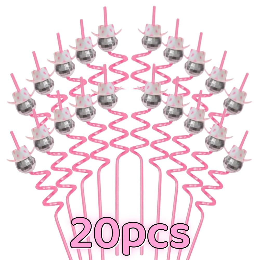 10/20pcs Reusable Disco Straws with Pink Cowboy Toppers Drinking Straw Set for Themed Events Anniversary Party Decor Supplies