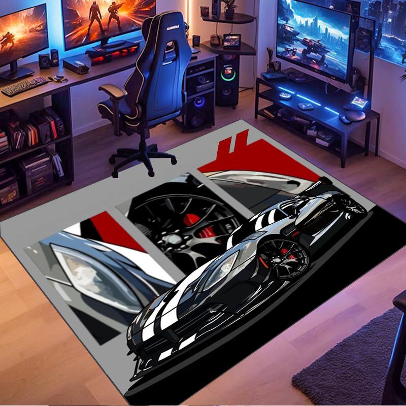 Black‑White Striped Supercar Multi‑Angle Comic Print Area Rug Non‑Slip Rectangular Floor Mat Auto Fan Decor for Gaming Bedroom Living Room