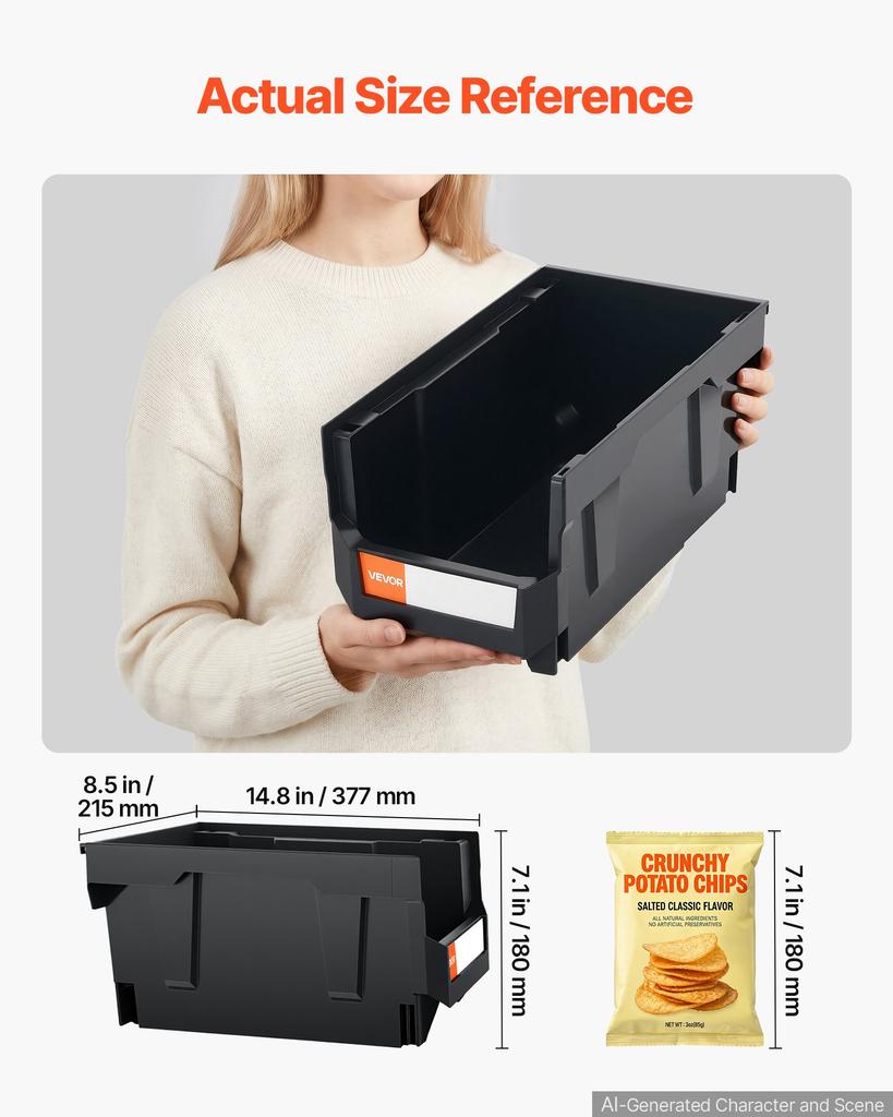 VEVOR Plastic Stackable Storage Bins, 37.7 x 21.5 x 18 cm (6 Pack), Plastic Containers for Organizing and Storage Bins for Closet, Garage