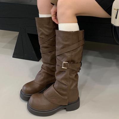 Осень Зима Панк Стиль Пряжка Ремня Женские Сапоги до Колена Мода Круглый Носок Квадратный Низкий Каблук Длинная Обувь