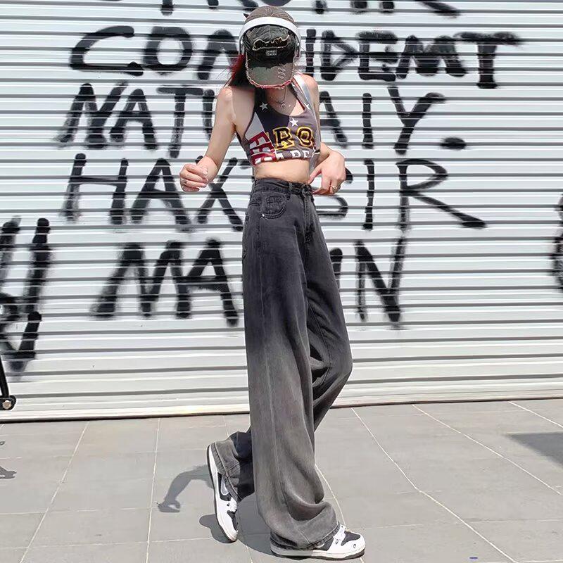 Женские широкие джинсы с высокой талией и градиентом черного цвета (Летняя коллекция 2024 г.)