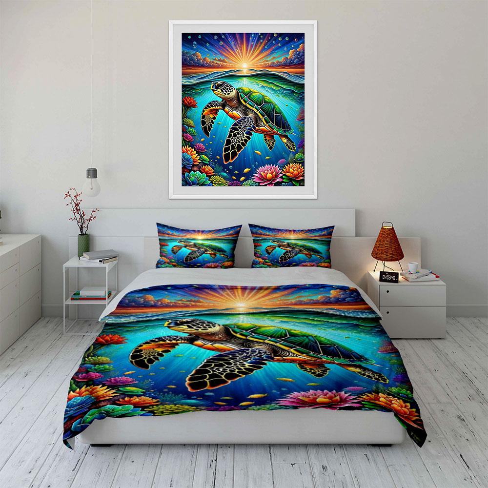 Sea turtle, sunrise, lotus. Bedding sets Duvet cover sets Duvet covers Pillowcases(1*Duvet Cover 2*Pillowcases without duvet insert)