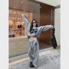 Gray Off-Shoulder Slim Sweatshirt & Floor-Length Wide-Leg Pants Two-Piece Set for Women In Early Autumn