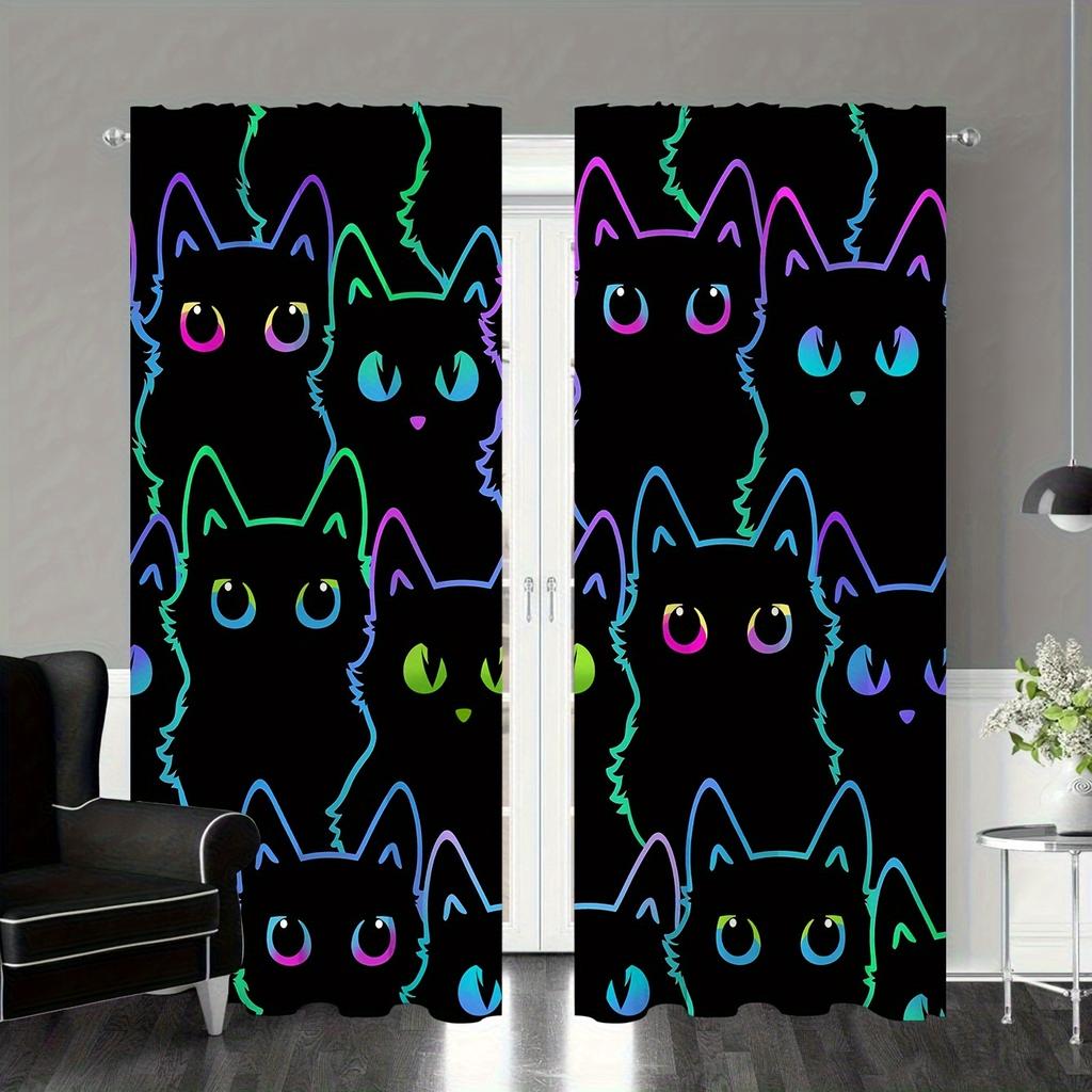 2pcs Rustic Animal Cat Print Semi Blackout Curtains Fashionable Curtains For Bedroom Office Kitchen Living Room Study Room Home