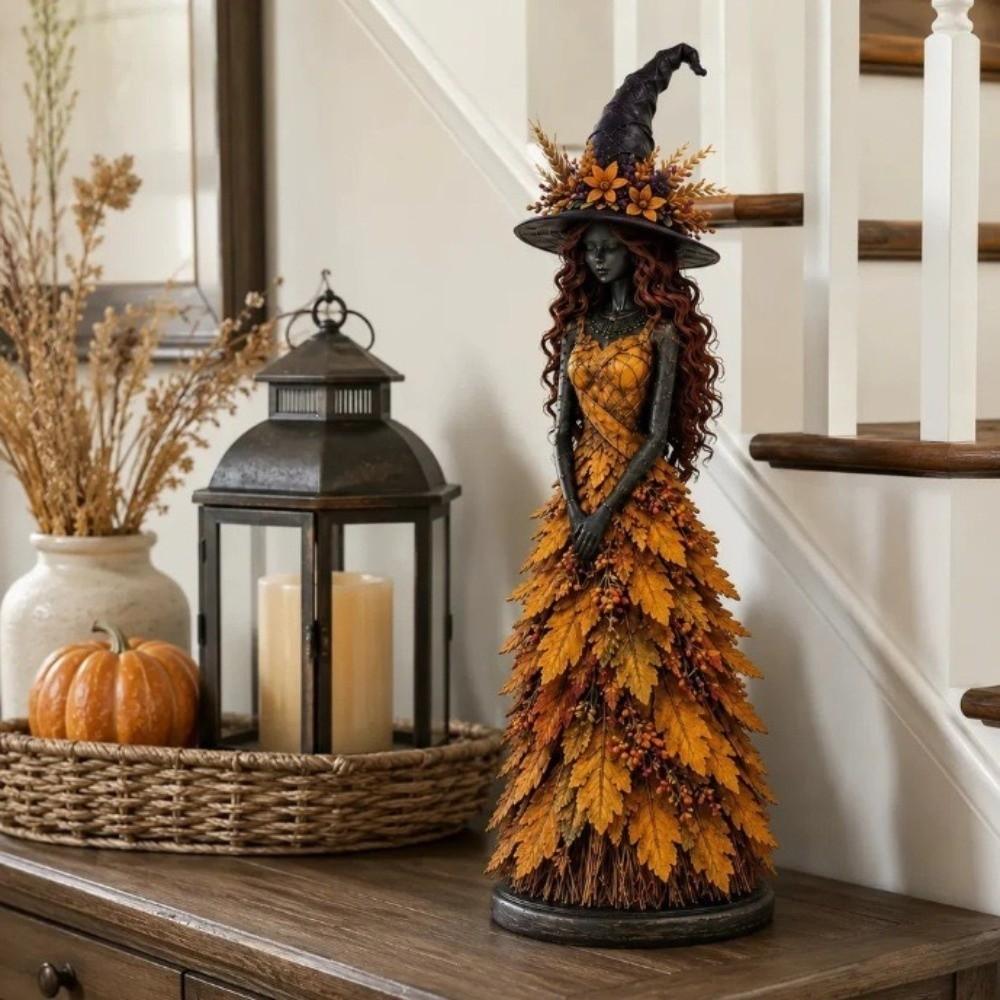 Leaf Gown Halloween Witch Statue Vintage Leaf Witch Resin Ornament Halloween Harvest