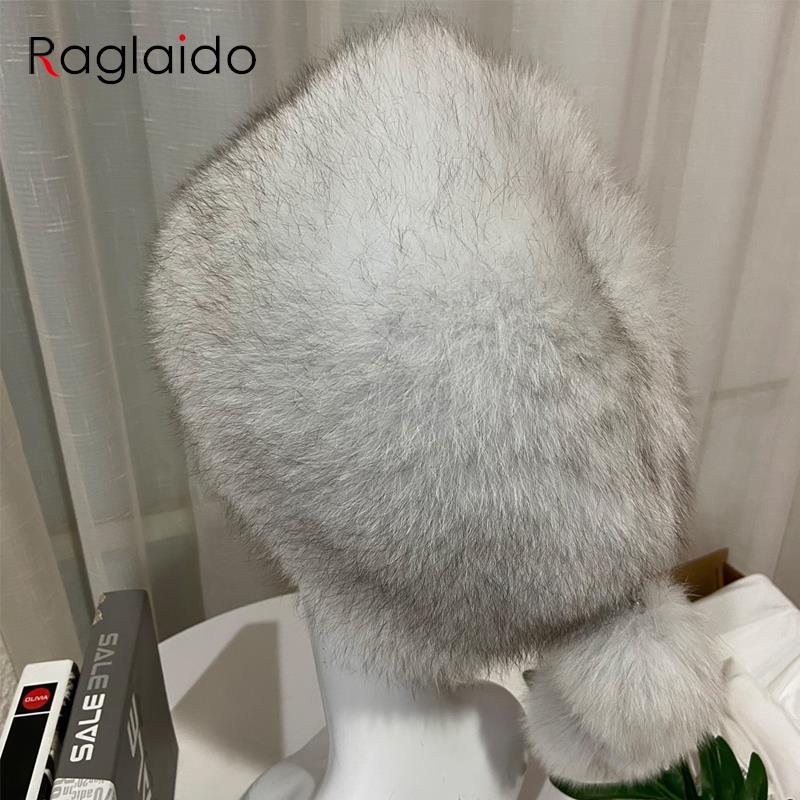 Outdoor Warm Luxury Woman Hat Fluffy Natural Fox Fur Fur Fluffy Cap Fluffly Snow Hat Balls Female Hot 100% Genuine Fur Hat