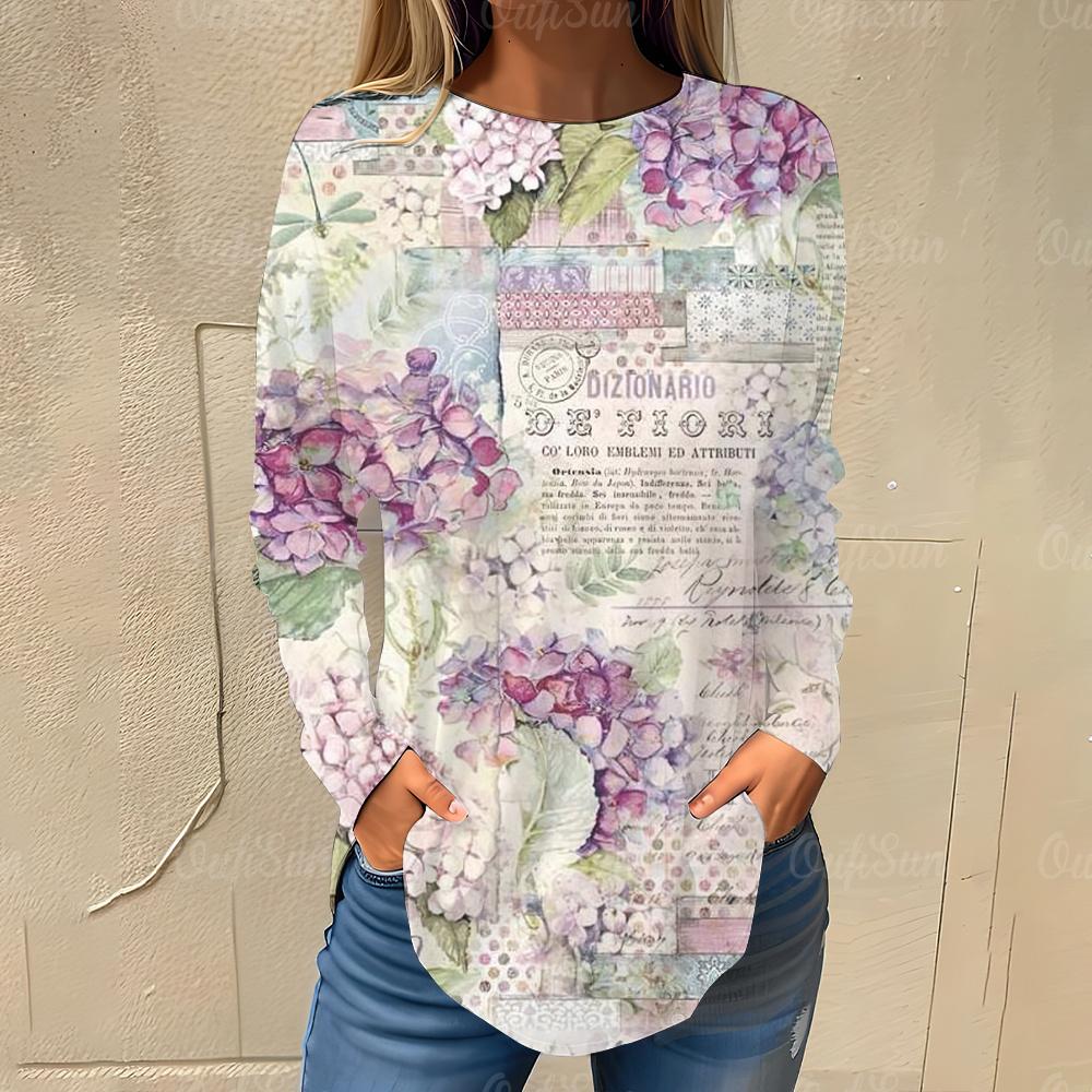 Винтажные женские футболки в стиле ретро с цветочным принтом, осенняя уличная футболка с длинными рукавами, женская одежда Y2K, повседневные свободные топы, пуловеры