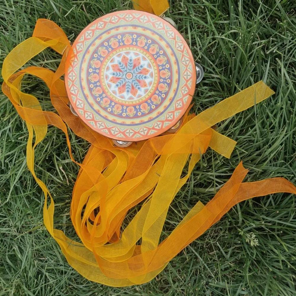 Chinese tambourine with ribbons, musical instrument for dancing, light drum for adults, props for photography, diameter 15.2 cm.