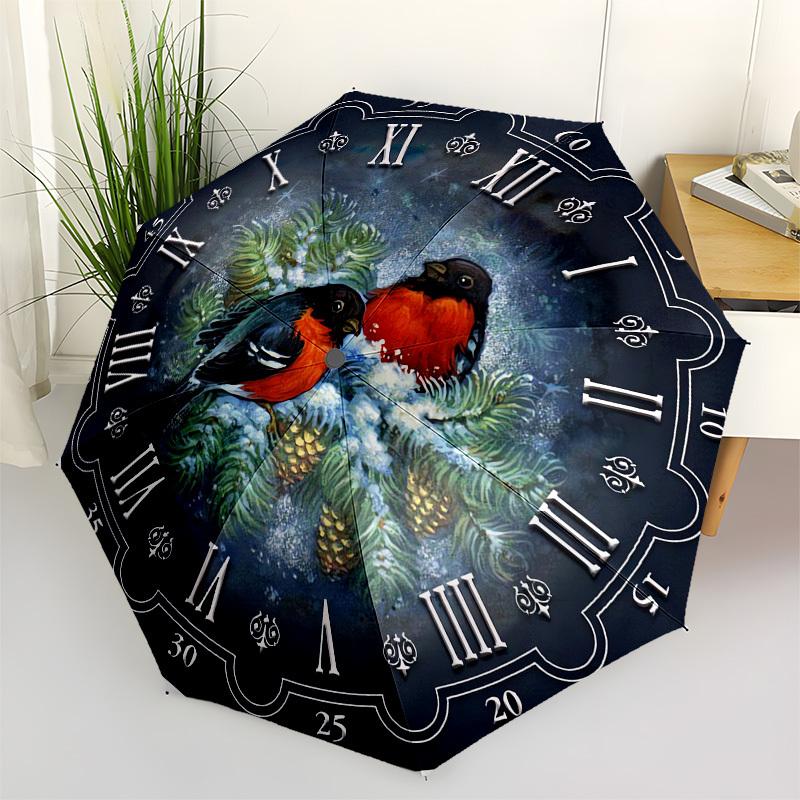 1pc Winter Bird Clock Design Umbrella with Plastic Handle,Suitable for All Seasons UmbrellaPT564