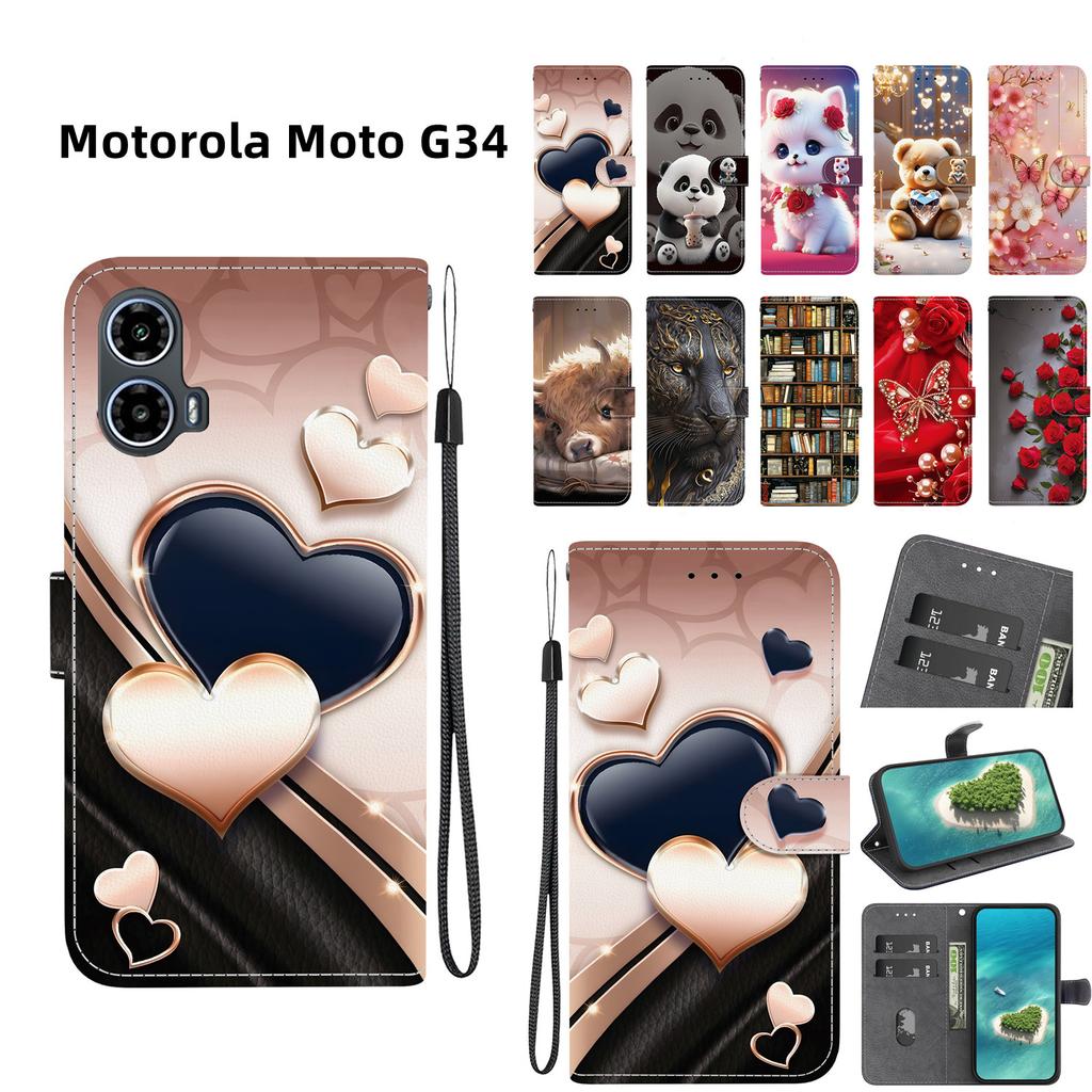 Чехол-книжка из искусственной кожи ручной работы для Motorola Moto G34, противоскользящая противоударная крышка с ремешком на запястье и дизайном в виде сердечка/розы/кошки