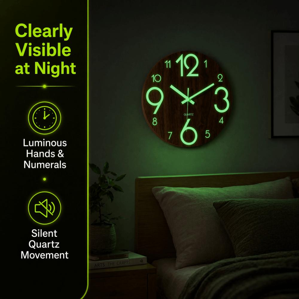 8 Inch 3D Wall Clock Wooden Glowing Hanging Clock Modern Luminous Wall Clock Living Room