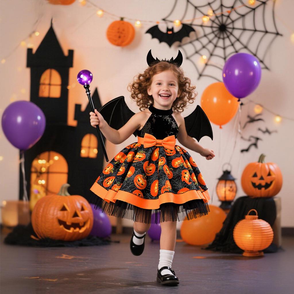 Halloween Kids' Formal Costume - Girls' Witch & Pumpkin Print Party Dress