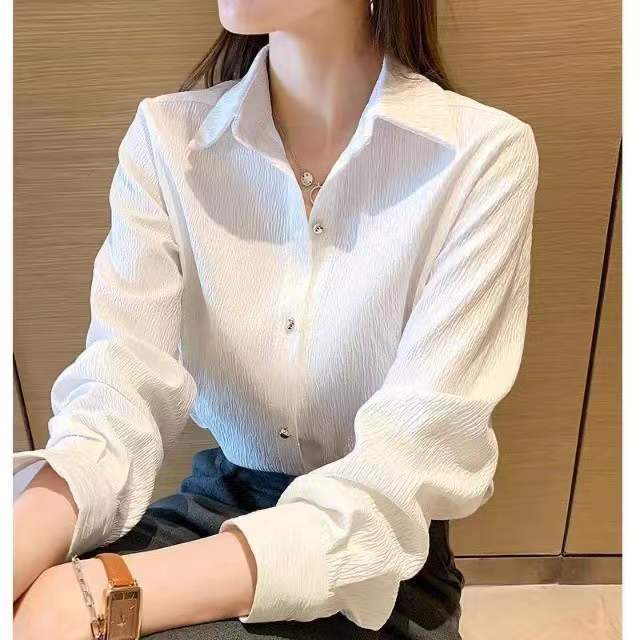 Весна Осень Новая женская однобортная рубашка для поездок на работу Элегантная стильная блузка с воротником-поло в винтажном стиле с длинным рукавом для женщин