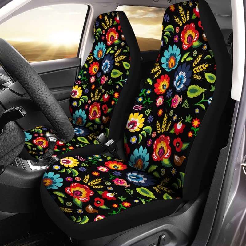 Чехлы на сиденья автомобиля Bulopur Black Boho Цветочные, Только для передних сидений, для женщин и мужчин, с карманом-органайзером, для автомобилей, внедорожников, грузовиков, седанов