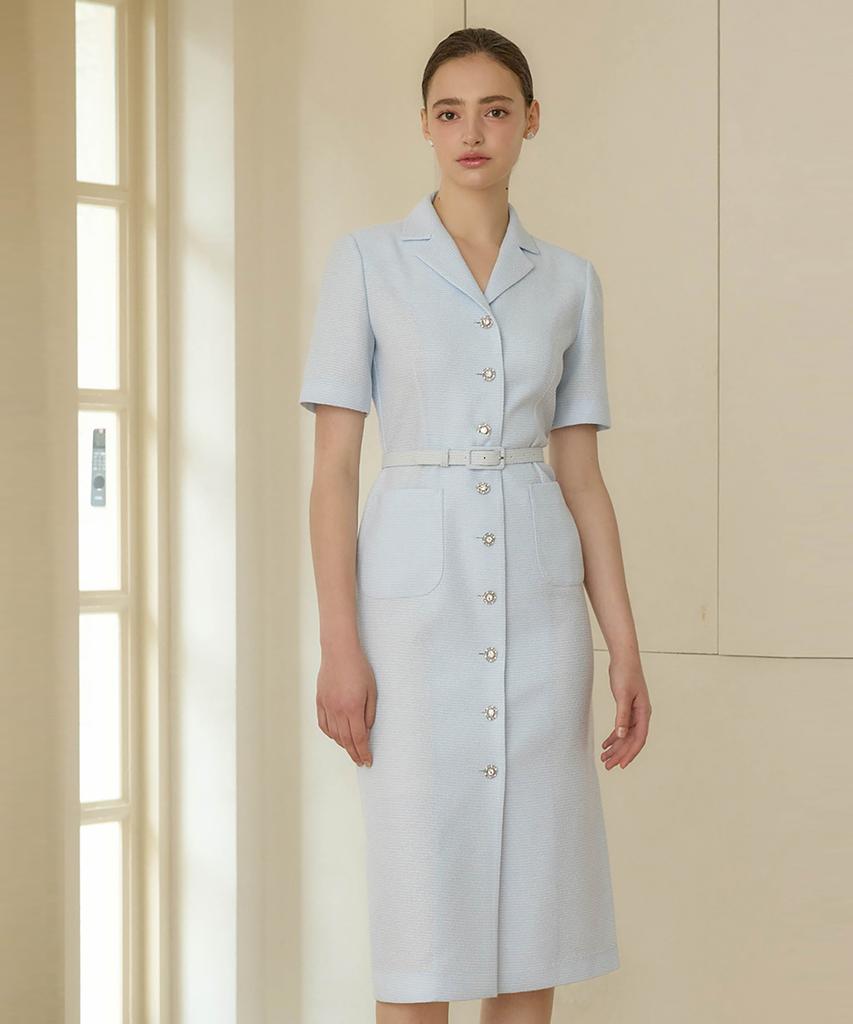 Julie And Kara 25Hs Collar 120 Terroir Line Queen Long Tweed Dress Sky Blue