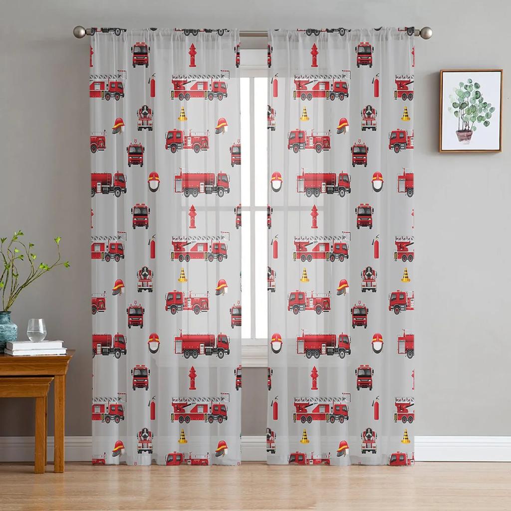 Cartoon Fire Truck Gray Sheer Curtains for Bedroom Living Room Decoration Window Curtain for Kitchen Tulle Voile Organza Drapes
