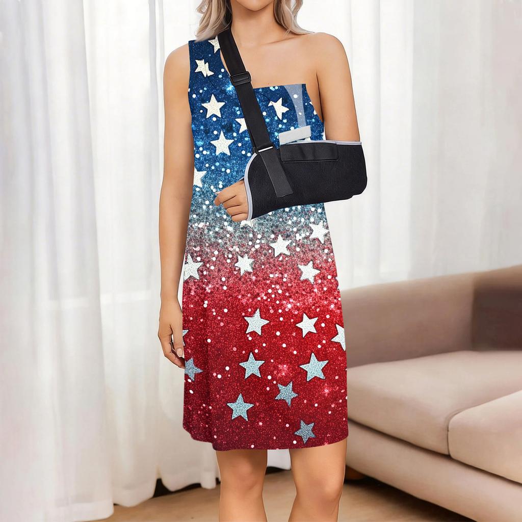 Sleeveless Tear Away Dress for Women Post Shoulder Surgery Independence Day Printed Knee Length Casual Dress with Side Slit