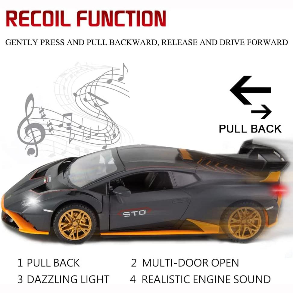 1:24-масштабная литая под давлением модель автомобиля из сплава для Lambo Huracan STO 2021, модель автомобиля с откатным механизмом, игрушечные автомобили со светом и звуком для коллекции для детей и взрослых