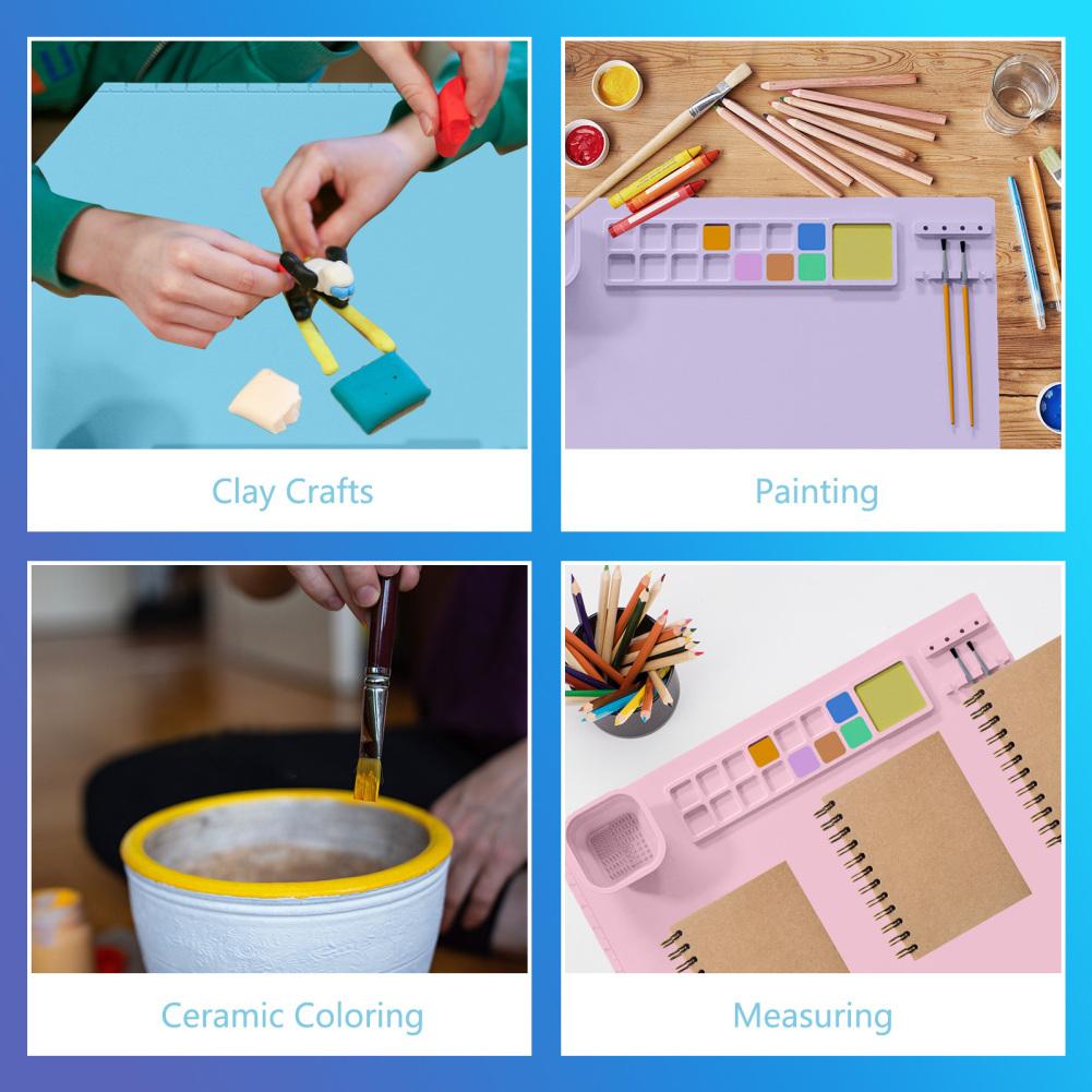 Kids Silicone Art Mat With Foldable Cup Brush Holder Color Dividers Water Resistant Heat-resistant Craft Mat