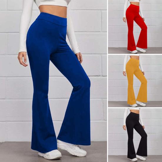 High-Waist Elastic Waistband Control Tummy Lady Trousers Women Solid Color Sports Flared Pants Streetwear
