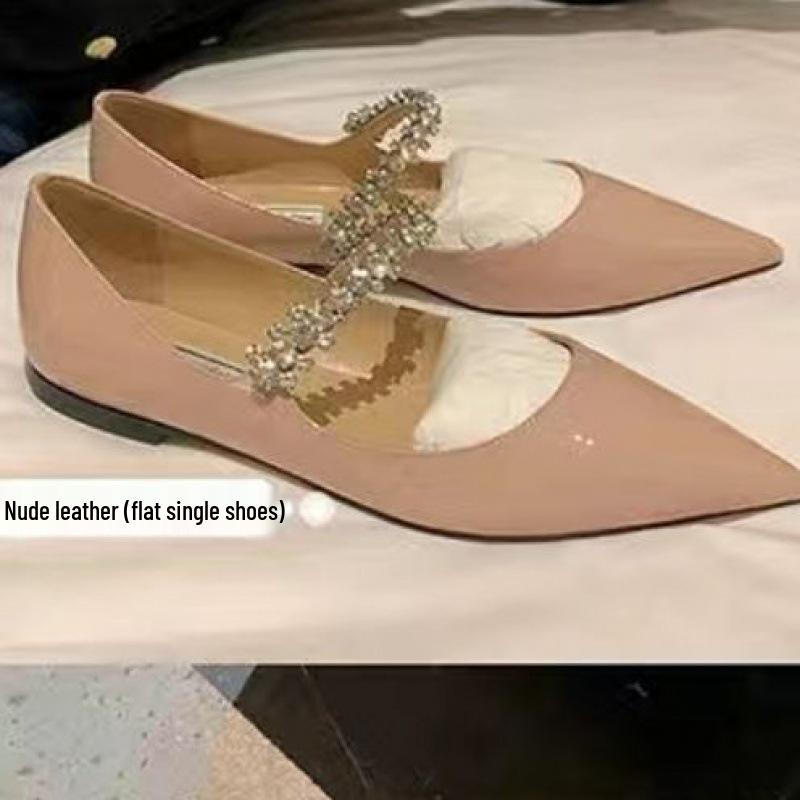 Весна 2025 Туфли Мэри Джейн на плоской подошве с цепочкой из стразов в стиле феи - Лакированная кожа, Заостренный носок, Корейская мягкая подошва