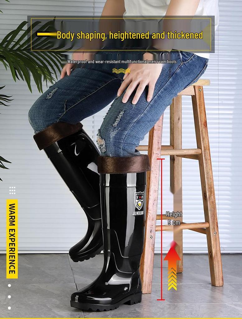 3537 Black 45CM Men's Extra High Rain Boots - Waterproof PVC Work Footwear for Construction Safety