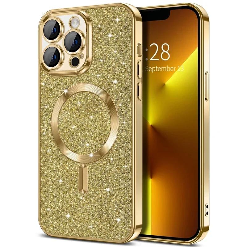 Electroplate Glitter Case For For Iphone 16 15 14 13 12 11 Pro Max Plus For Magsafe Wireless Charge Bumper Cover With Lens Protector